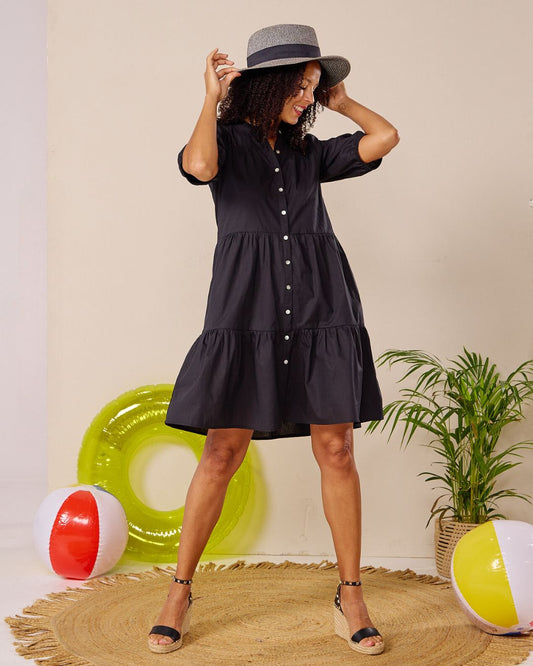 Julie - Plain Black: Tiered Button-up Dress in Poplin