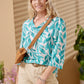 River - Teal Foliage: Classic V-neck top with 3/4 sleeves