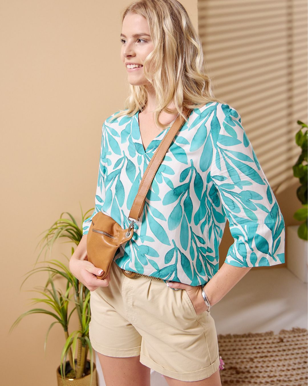 River - Teal Foliage: Classic V-neck top with 3/4 sleeves