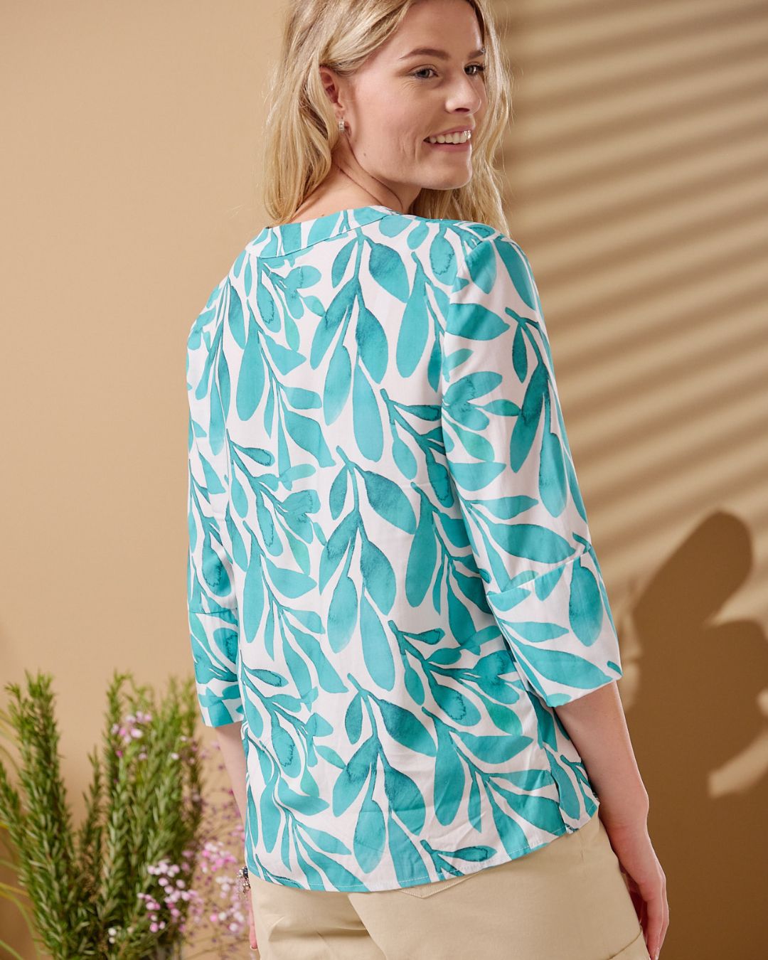 River - Teal Foliage: Classic V-neck top with 3/4 sleeves