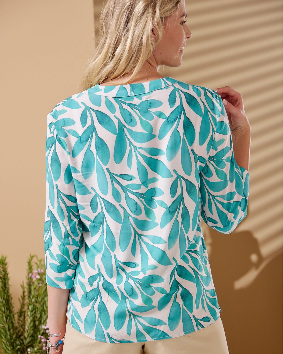 River - Teal Foliage: Classic V-neck top with 3/4 sleeves