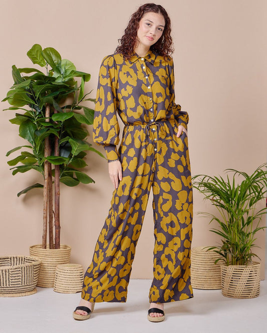 Luna - Gold Leopard: Collared wide leg Jumpsuit with Long sleeves