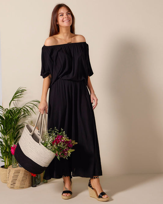 Boho Maxi dress - Black: Off the shoulder, elasticated waistband maxi dress