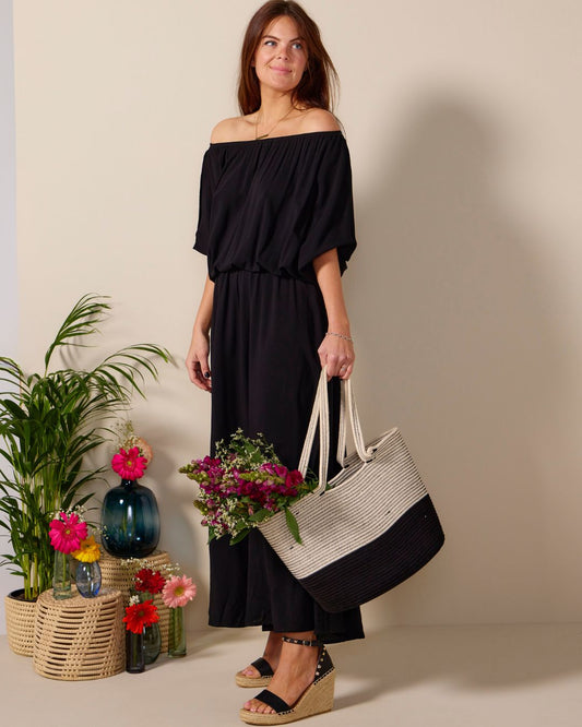 Boho Maxi dress - Black: Off the shoulder, elasticated waistband maxi dress