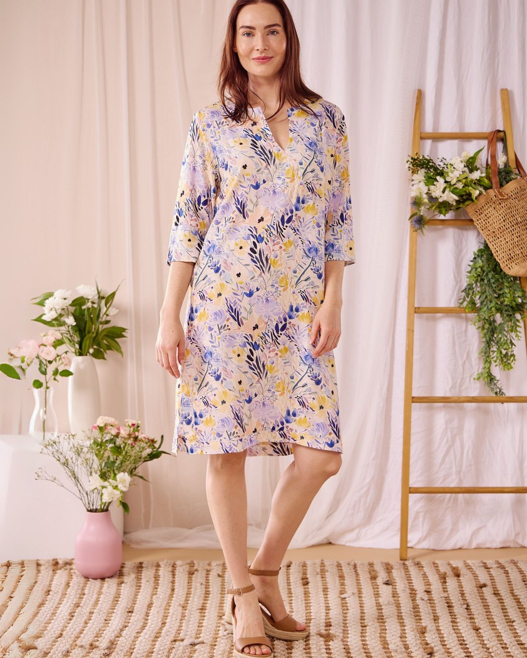 Kerry - Floral Gem: Classic midi shift dress with 3/4 sleeves