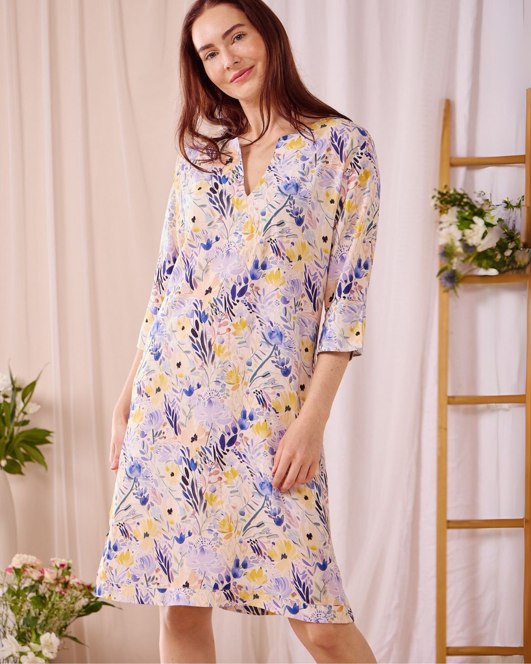 Kerry - Floral Gem: Classic midi shift dress with 3/4 sleeves