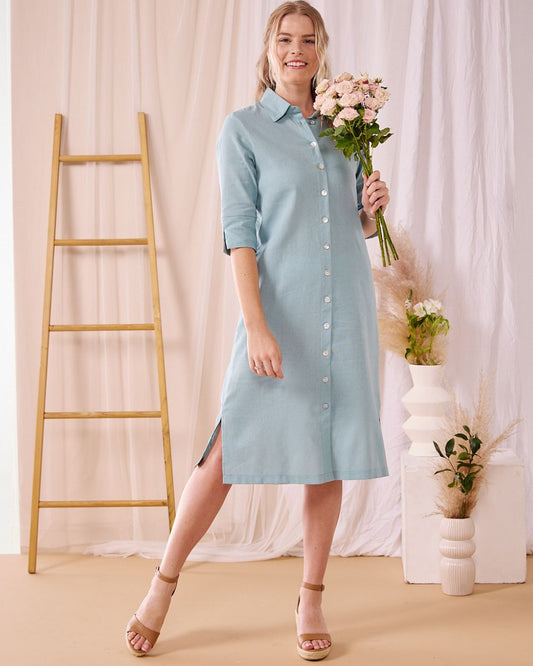 Sarah - Dream blue linen:  Classic midi shirt dress