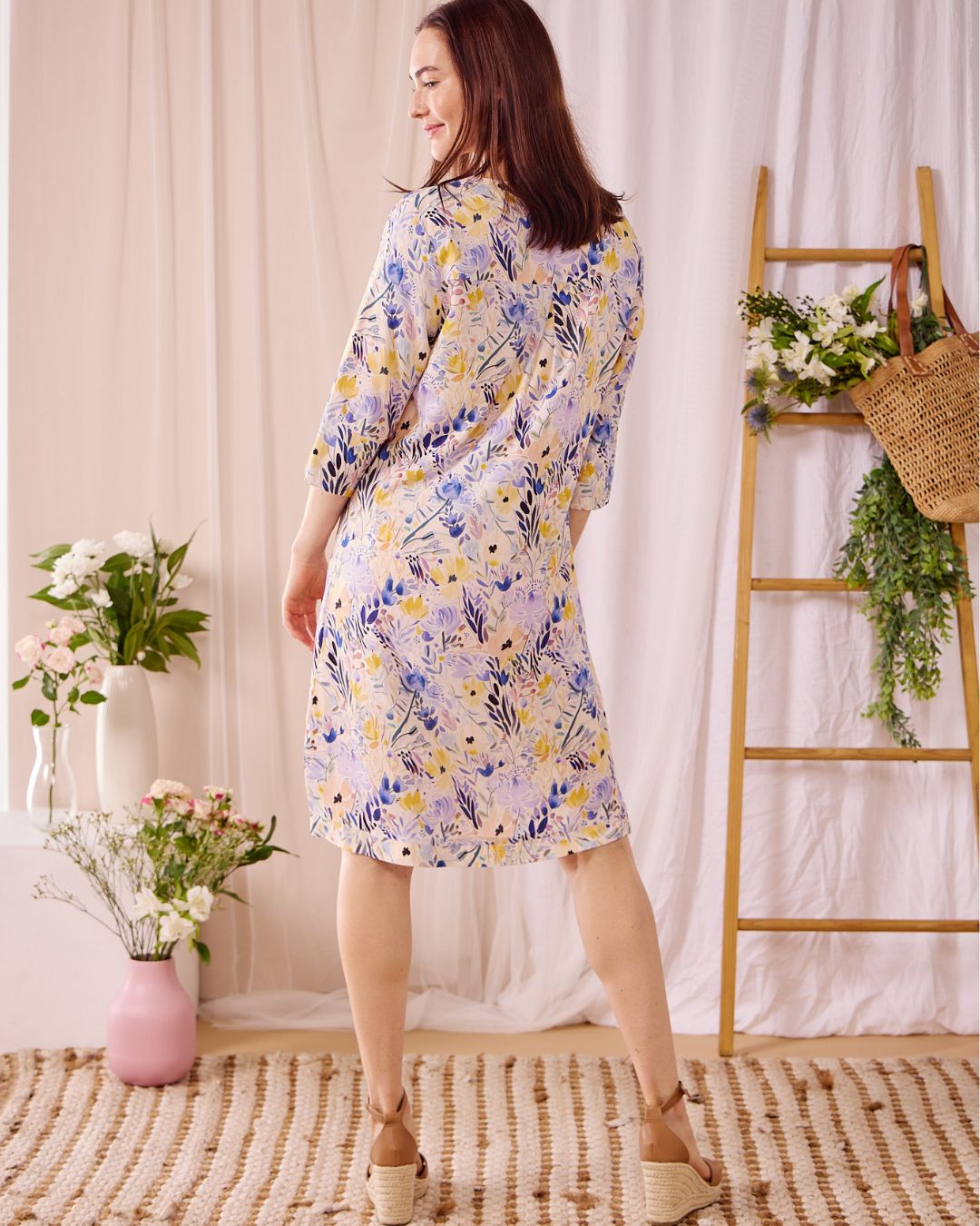 Kerry - Floral Gem: Classic midi shift dress with 3/4 sleeves