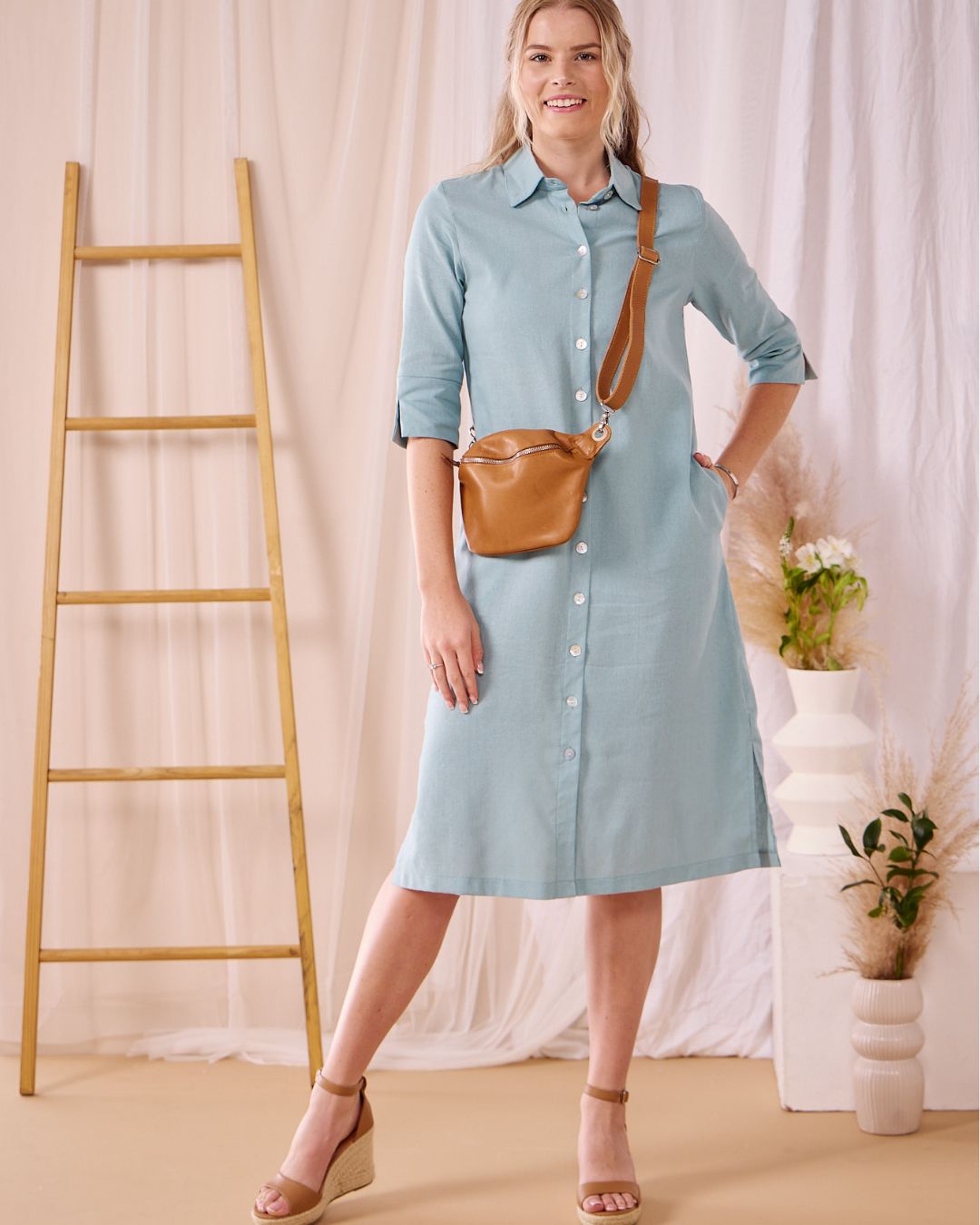 Sarah - Dream blue linen:  Classic midi shirt dress