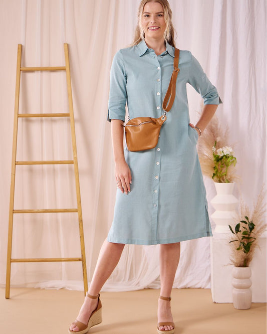 Sarah - Dream blue linen:  Classic midi shirt dress