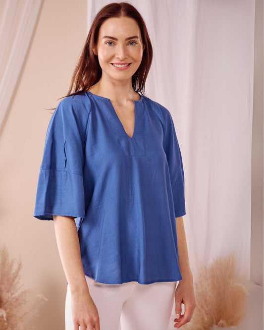 Amy - Pacific Blue: Flowy V-neck blouse